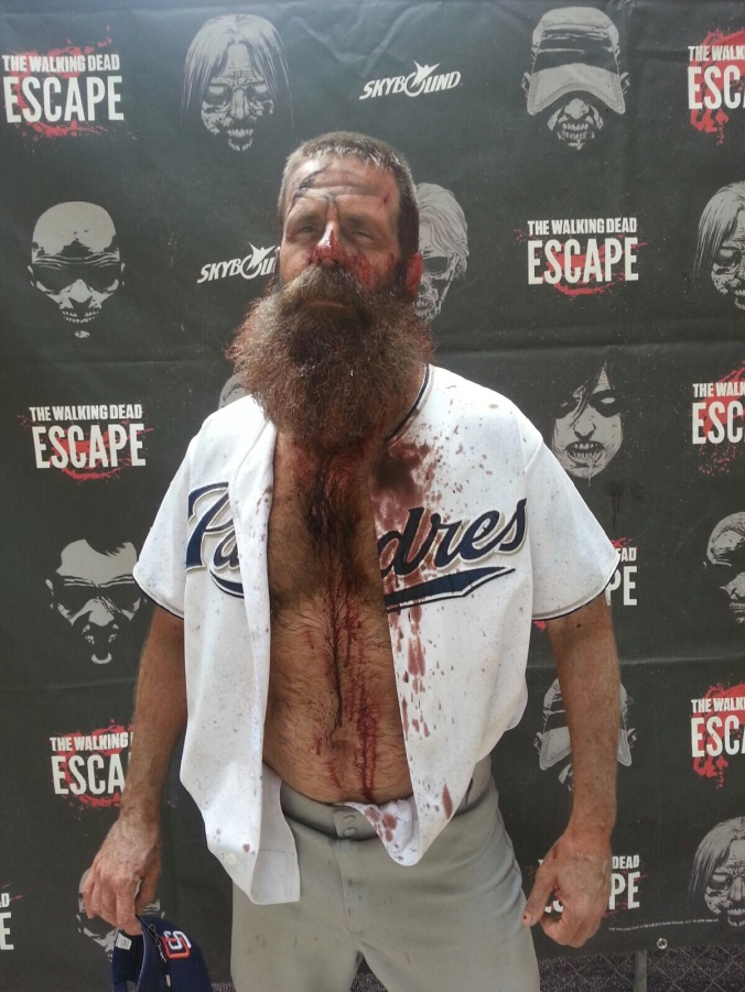 After lunch, a shower and costume change, Fearsome has made it through his second time in makeup for the day and is now a Zombie. Fearsome's zombie Pardre is ready to roam Petco park. Goal is to scare and infect the runners of The Walking Dead escape.